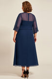 Mousseline de soie marine Une ligne Robe Grande Taille Mère De La Mariée Avec Manches 3/4