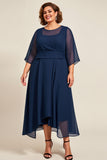 Mousseline de soie marine Une ligne Robe Grande Taille Mère De La Mariée Avec Manches 3/4