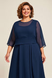 Mousseline de soie marine Une ligne Robe Grande Taille Mère De La Mariée Avec Manches 3/4
