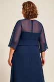 Mousseline de soie marine Une ligne Robe Grande Taille Mère De La Mariée Avec Manches 3/4
