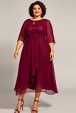Mousseline de soie bordeaux Une ligne Robe Mère De Mariée Grande Taille Avec Manches 3/4