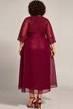 Mousseline de soie bordeaux Une ligne Robe Mère De Mariée Grande Taille Avec Manches 3/4