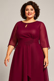 Mousseline de soie bordeaux Une ligne Robe Mère De Mariée Grande Taille Avec Manches 3/4