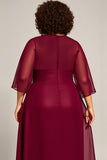 Mousseline de soie bordeaux Une ligne Robe Mère De Mariée Grande Taille Avec Manches 3/4