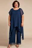 Mousseline de soie marine col rond grande taille mère de la mariée tailleurs-pantalon