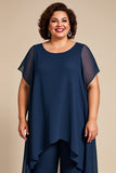 Mousseline de soie marine col rond grande taille mère de la mariée tailleurs-pantalon