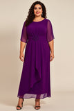 Plus Taille Violet Chiifon Col Rond Longue Mère De La Mariée Robe Avec Demi-Manches