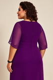 Plus Taille Violet Chiifon Col Rond Longue Mère De La Mariée Robe Avec Demi-Manches