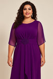 Plus Taille Violet Chiifon Col Rond Longue Mère De La Mariée Robe Avec Demi-Manches