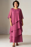 Vintage Mauve en mousseline de soie à volants grande taille Mère de la mariée robe avec demi-manches