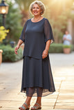 Robe de mère de la mariée en mousseline de soie gris acier col rond grande taille