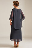 Robe de mère de la mariée en mousseline de soie gris acier col rond grande taille