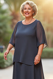 Robe de mère de la mariée en mousseline de soie gris acier col rond grande taille