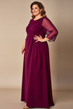 Robe en mousseline de soie bordeaux grande taille mère de la mariée avec manches 3/4
