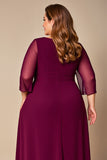 Robe en mousseline de soie bordeaux grande taille mère de la mariée avec manches 3/4