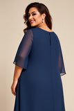 Bleu marine grande taille mousseline de soie Une ligne Mère de la mariée Robe