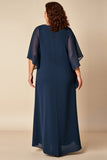 Robe fourreau en mousseline de soie bleu marine grande taille Mère de la mariée