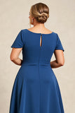 Bleu encre Une ligne Satin Grande Taille Mère de la mariée Robe à manches courtes