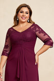 Robe en mousseline de soie à volants en dentelle à col en V bordeaux grande taille mère de la mariée
