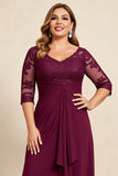 Robe en mousseline de soie à volants en dentelle à col en V bordeaux grande taille mère de la mariée