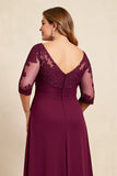 Robe en mousseline de soie à volants en dentelle à col en V bordeaux grande taille mère de la mariée