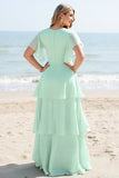 Menthe A Line Tiered Short Sleeves Robe de demoiselle d’honneur longue