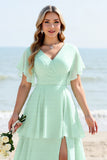 Menthe A Line Tiered Short Sleeves Robe de demoiselle d’honneur longue