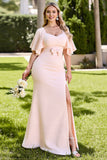 Robe de demoiselle d’honneur longue à manches courtes et fourreau rose bonbon
