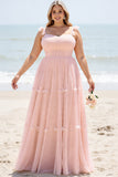 Une ligne blush rose spaghetti bretelles plissé grande taille robe de demoiselle d’honneur longue