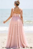 Une ligne blush rose spaghetti bretelles plissé grande taille robe de demoiselle d’honneur longue