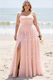 Une ligne blush rose spaghetti bretelles plissé grande taille robe de demoiselle d’honneur longue