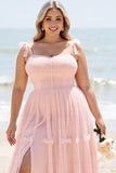 Une ligne blush rose spaghetti bretelles plissé grande taille robe de demoiselle d’honneur longue