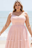 Une ligne blush rose spaghetti bretelles plissé grande taille robe de demoiselle d’honneur longue