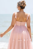 Une ligne blush rose spaghetti bretelles plissé grande taille robe de demoiselle d’honneur longue