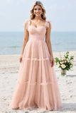 Une ligne spaghetti bretelles rose poudré robe de demoiselle d’honneur longue
