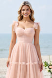 Une ligne spaghetti bretelles rose poudré robe de demoiselle d’honneur longue