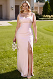 Sirène Candy Pink Spaghetti Straps Robe de demoiselle d’honneur longue en mousseline de soie