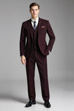 Bourgogne 3 pièces à carreaux crantés revers slim fit Costumes pour hommes