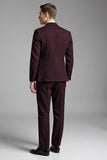 Bourgogne 3 pièces à carreaux crantés revers slim fit Costumes pour hommes