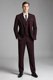 Bourgogne 3 pièces à carreaux crantés revers slim fit Costumes pour hommes