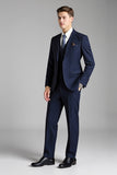 Bleu marine à revers crantés Slim Fit 3 pièces Costumes pour hommes
