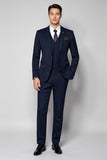 Bleu foncé 3 pièces à revers crantés rayés costumes pour hommes