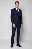 Bleu foncé 3 pièces à revers crantés rayés costumes pour hommes