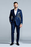 Bleu foncé Broderie revers crantés 2 pièces Costumes homme