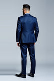 Bleu foncé Broderie revers crantés 2 pièces Costumes homme