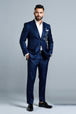Bleu foncé Broderie revers crantés 2 pièces Costumes homme