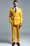 Hommes Jaune Double Boutonnage 2 Pièces Cranté Revers Prom Suits