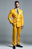 Hommes Jaune Double Boutonnage 2 Pièces Cranté Revers Prom Suits