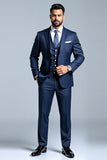 Bleu foncé Double boutonnage 3 pièces revers crantés Tailleurs de bal pour hommes