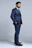 Bleu foncé Double boutonnage 3 pièces revers crantés Tailleurs de bal pour hommes